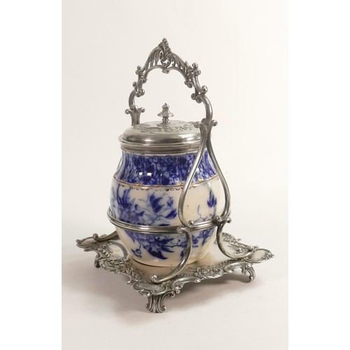 786 - Carlton Blush ware metal mounted centrepiece lidded jar, decorated in blue & white Catalpa floral by... 