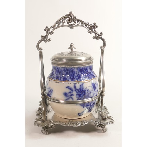 786 - Carlton Blush ware metal mounted centrepiece lidded jar, decorated in blue & white Catalpa floral by... 