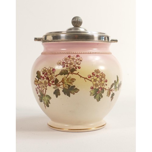 790 - Carlton Blush ware metal mounted biscuit barrel with Royal May decoration, by Wiltshaw & Robinson, c... 