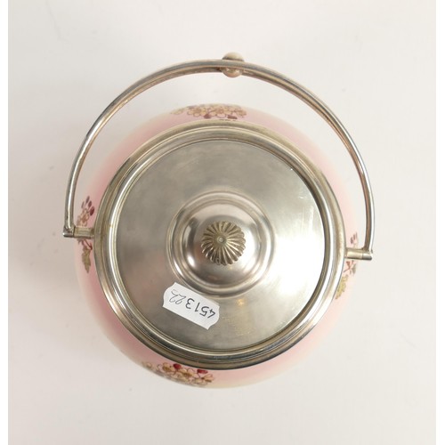 790 - Carlton Blush ware metal mounted biscuit barrel with Royal May decoration, by Wiltshaw & Robinson, c... 