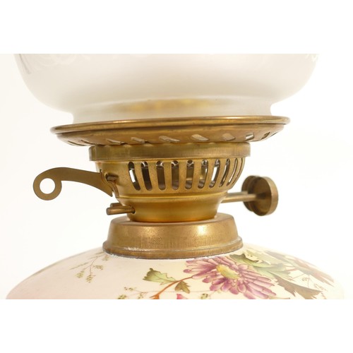 791 - Carlton Blush ware Chrysanthemum bedside oil lamp with etched type shade, by Wiltshaw & Robinson, c1... 