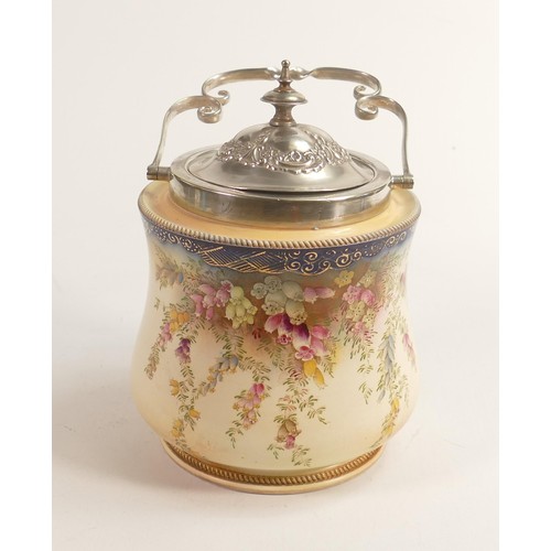 793 - Carlton Blush ware metal mounted biscuit barrel with Heather floral decoration, by Wiltshaw & Robins... 