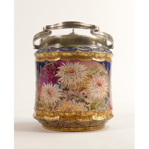 795 - Carlton Blush ware metal mounted biscuit barrel with Hand Painted Dahlia floral decoration, by Wilts... 