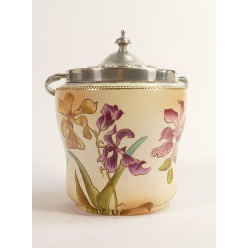 796 - Carlton Blush ware metal mounted biscuit barrel with Iris decoration, by Wiltshaw & Robinson, c1900,... 