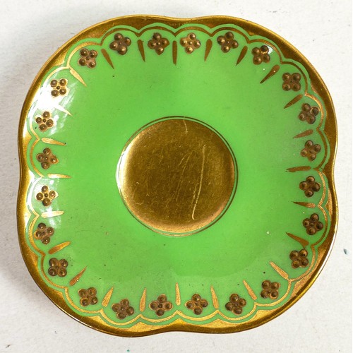 850 - Coalport miniature coffee cup & saucer, green ground with gilded interior of cup and gilded decorati... 