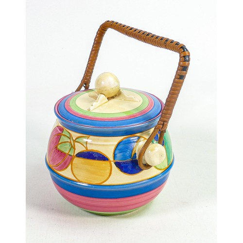 868 - Clarice Cliff Newport pottery Fantasque biscuit barrel in the Melons design, original wicker handle,... 