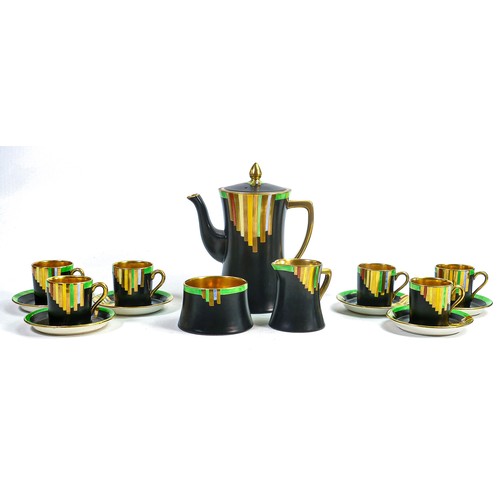 869 - Carlton ware Art Deco gilded coffee set, decorated in green and black colours. (15)