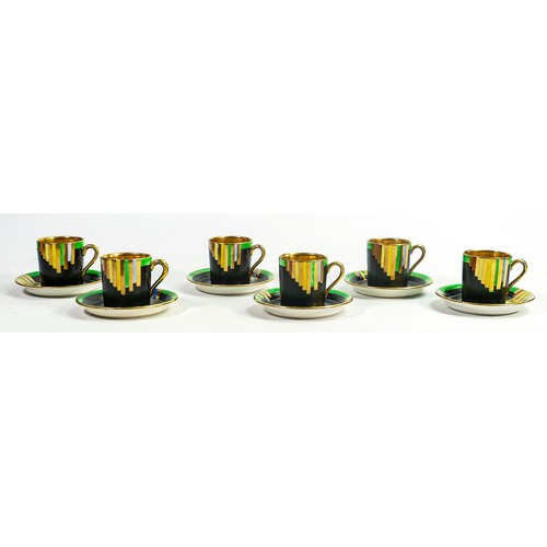 869 - Carlton ware Art Deco gilded coffee set, decorated in green and black colours. (15)