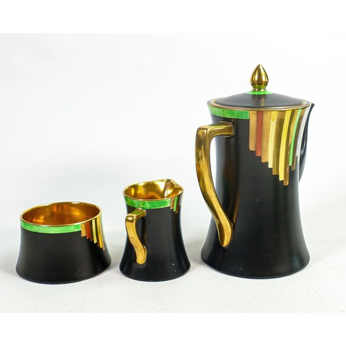 869 - Carlton ware Art Deco gilded coffee set, decorated in green and black colours. (15)