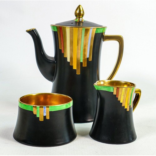 869 - Carlton ware Art Deco gilded coffee set, decorated in green and black colours. (15)