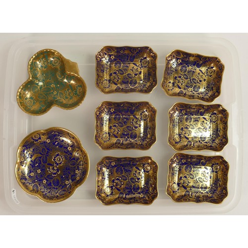 879 - Minton raised gold decorative Asprey designed rectangular dishes, 9.5cm x 7.5cm (8)