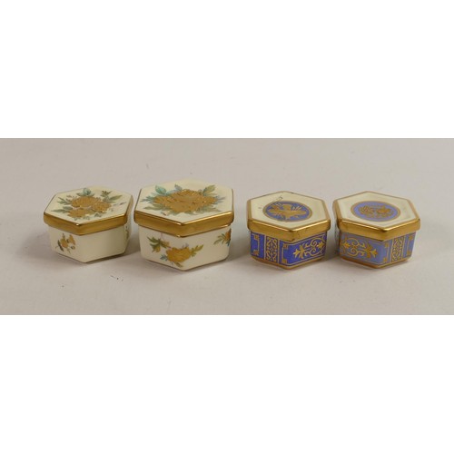 880 - Minton hand painted raised gold miniature hexagonal boxes, largest 5.3cm in diameter (4)