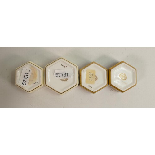 880 - Minton hand painted raised gold miniature hexagonal boxes, largest 5.3cm in diameter (4)