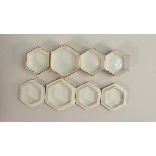 880 - Minton hand painted raised gold miniature hexagonal boxes, largest 5.3cm in diameter (4)