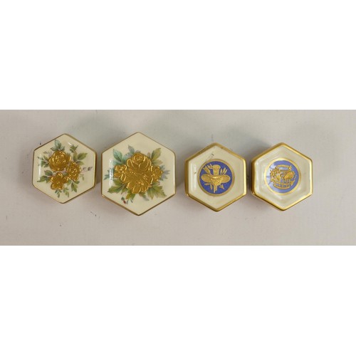 880 - Minton hand painted raised gold miniature hexagonal boxes, largest 5.3cm in diameter (4)