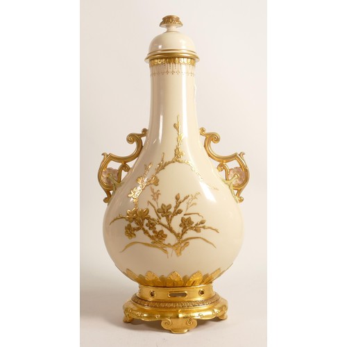 885 - Minton two handled gilded vase & cover decorated with a Kingfisher, - very small area of gilding los... 