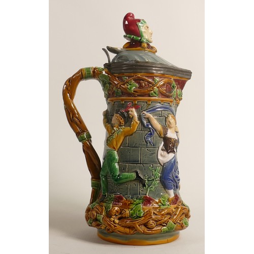 887 - 19th century Minton Majolica Tower of London jug, with jester finial lid, h.34cm, restoration to lid... 