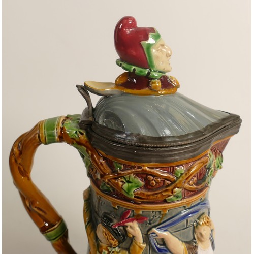 887 - 19th century Minton Majolica Tower of London jug, with jester finial lid, h.34cm, restoration to lid... 