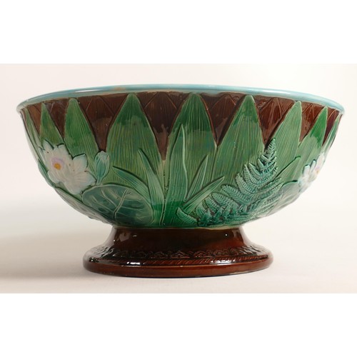 888 - 19th century Joseph Holdcroft Majolica footed Lily punch bowl, d.34cm. Restoration to top edge in tw... 