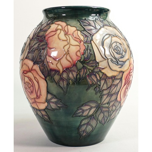 895 - Moorcroft large vase decorated with Roses, Sally Tuffin design C1990, initialled W Pinxit, h.27.5cm.