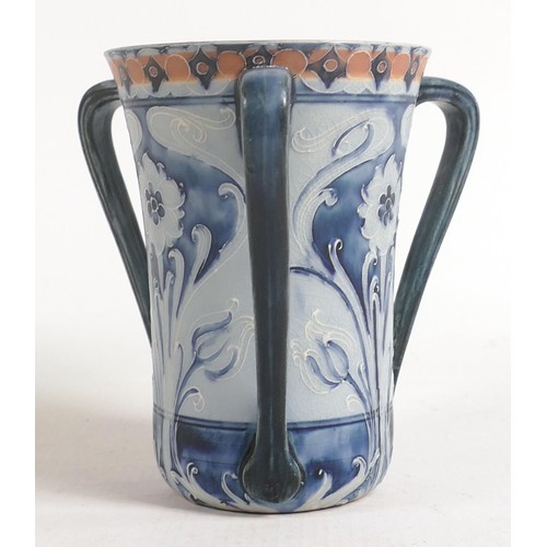 923 - William Moorcroft James MacIntyre & Co. Florian ware tri-handled vase decorated with tube lined blue... 