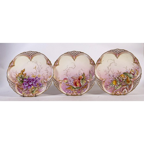 926 - Royal Worcester reticulated cabinet plates, each gilded & decorated with different fruit, puce marks... 