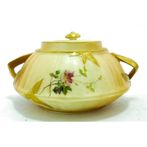 931 - Royal Worcester Blush two handled pot & cover and a bowl, both hand painted with flowers, puce marks... 