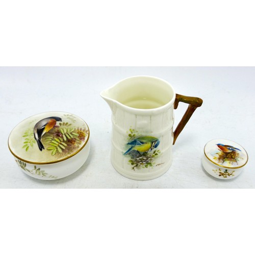 933 - A collection of Royal Worcester hand painted items, decorated with various birds by H Powell and D H... 