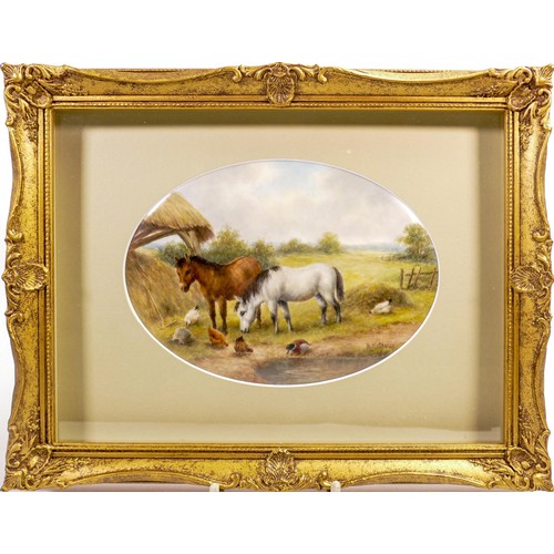 935 - Milwyn Holloway, Fine Art Ceramic Painting oval plaque hand painted with horses, chickens and ducks ... 