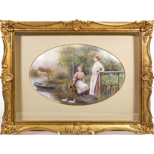 936 - Milwyn Holloway, Fine Art Ceramic Painting oval plaque hand painted with ladies by lake and ducks in... 