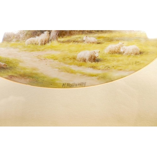 937 - Milwyn Holloway, Fine Art Ceramic Painting oval plaque hand painted with country cottage and sheep i... 