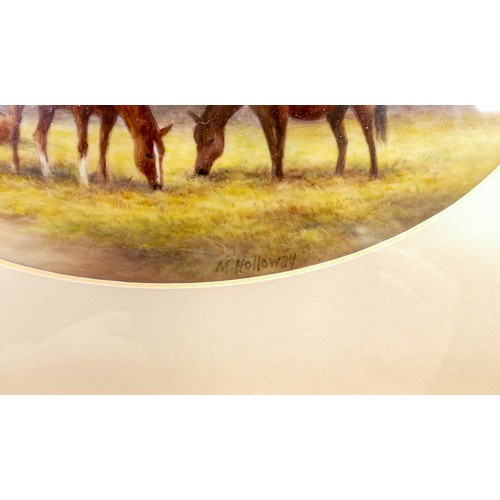 938 - Milwyn Holloway, Fine Art Ceramic Painting oval plaque hand painted with Horses grazing in gilt fram... 