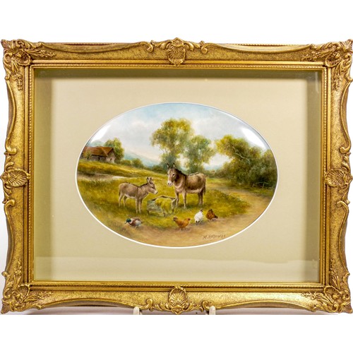 939 - Milwyn Holloway, Fine Art Ceramic Painting oval plaque hand painted with donkeys, chickens and ducks... 