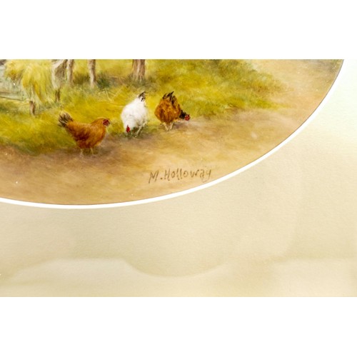 939 - Milwyn Holloway, Fine Art Ceramic Painting oval plaque hand painted with donkeys, chickens and ducks... 