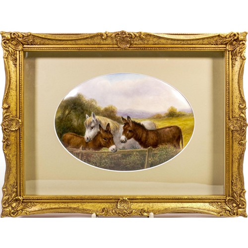 940 - Milwyn Holloway, Fine Art Ceramic Painting oval plaque hand painted with horses and donkeys in gilt ... 