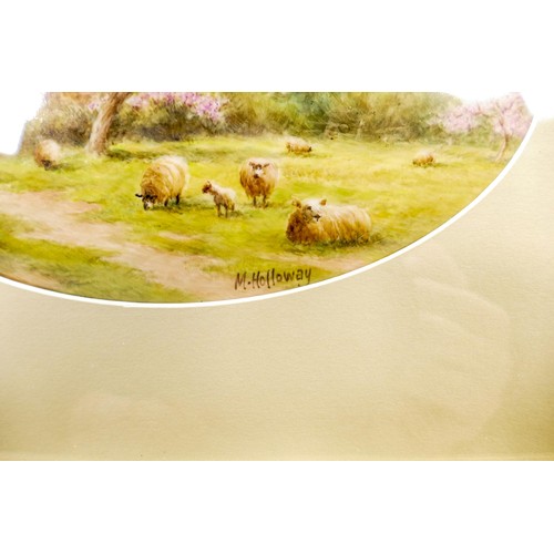 942 - Milwyn Holloway, Fine Art Ceramic Painting oval plaque hand painted with sheep and farm scene in gil... 