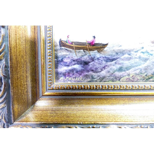 943 - Royal Worcester rectangular plaque hand painted with fishing vessels on the sea by M Powell, black f... 