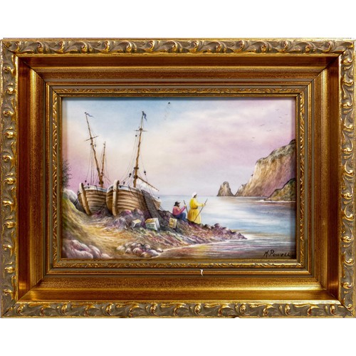 944 - Royal Worcester rectangular plaque, hand painted with fishing vessels and fishermen by the sea by M ... 