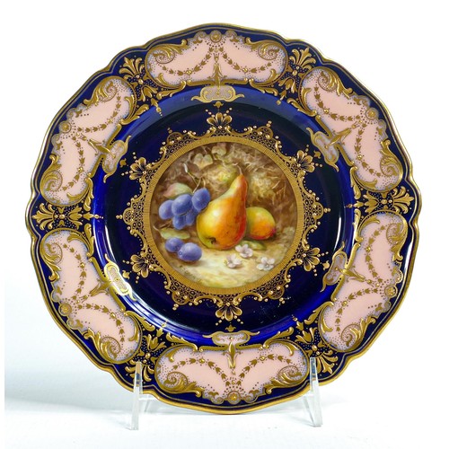 946 - Royal Worcester gilded cabinet plate hand painted with fruit by A F Sebright, d.22cm, (a/f - hairlin... 