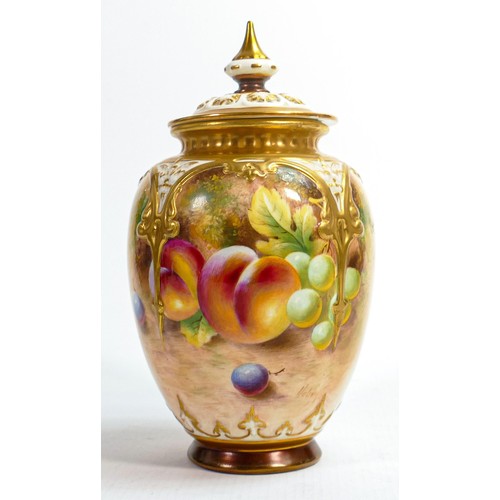 947 - Royal Worcester pot pourri jar & cover, hand painted with fruit and signed by artist, h.19.5cm. Firi... 