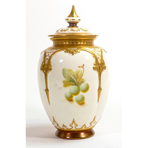 947 - Royal Worcester pot pourri jar & cover, hand painted with fruit and signed by artist, h.19.5cm. Firi... 