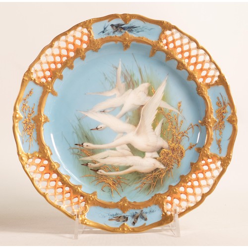 953 - Royal Worcester gilded reticulated comport decorated with swans and birds by C H Baldwyn, puce mark ... 