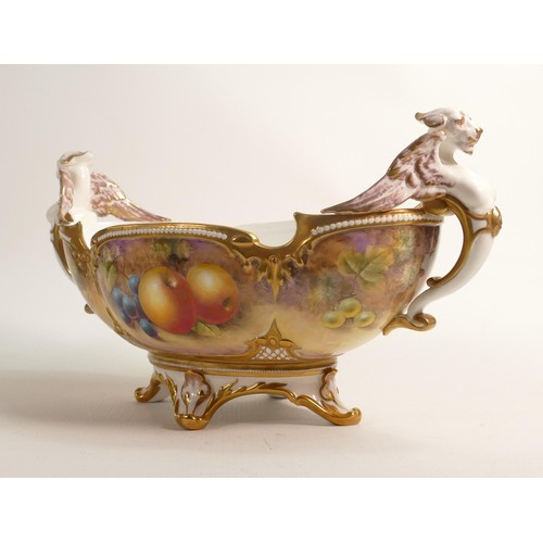 954 - Royal Worcester large footed dragon bowl decorated with fruit by John Smith, black factory mark, L39... 