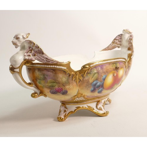 954 - Royal Worcester large footed dragon bowl decorated with fruit by John Smith, black factory mark, L39... 