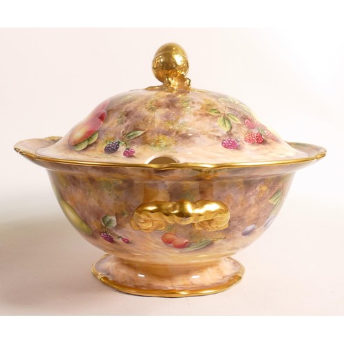 955 - D R B Bone China Royal Crown Derby large two handled tureen & cover hand painted with fruit by David... 