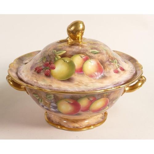 955 - D R B Bone China Royal Crown Derby large two handled tureen & cover hand painted with fruit by David... 