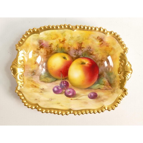 959 - Royal Worcester gilded nut dish, hand painted with fruit by W Bagnall, puce factory marks, L17.25.cm... 