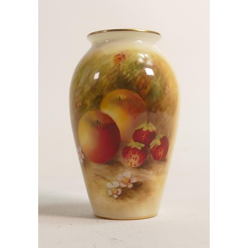 960 - Royal Worcester small vase, hand painted with fruit by H Aynton, puce factory marks, h.10cm.