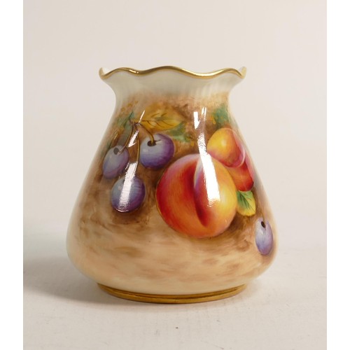 961 - Royal Worcester small vase, hand painted with fruit by Roberts, black factory marks, h8.25.cm.