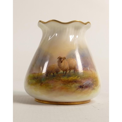 962 - Royal Worcester small vase, hand painted with sheep by Harry Davies, black factory marks, h.8.25cm.